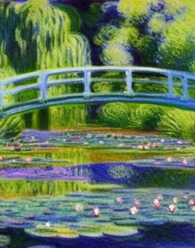 Painting of water lilies in a pond of water