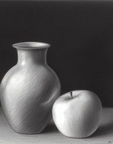 Pencil drawing of a vase and apples on a table