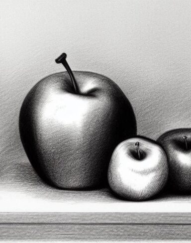 Pencil drawing of a vase and apples on table