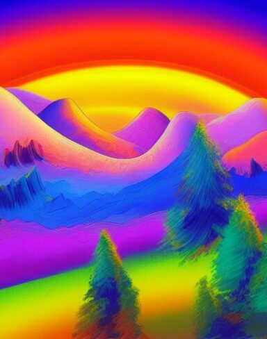 Psychedelic art painting of a landscape with mountains and trees