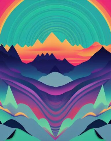 Psychedelic poster with mountains in the background