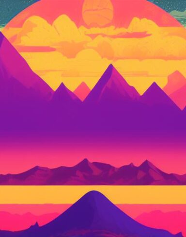 Psychedelic poster with mountains in the background