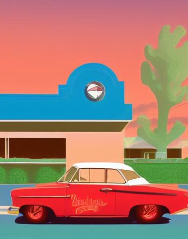 Retro car is parked in front of a restaurant