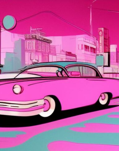 Retro pink car driving down the street at night