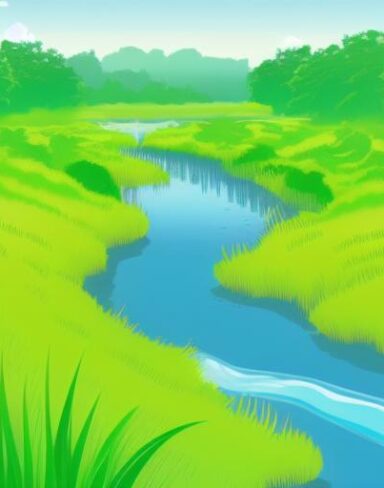 River running through the lush green field