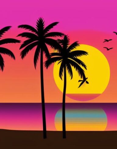 Sunset with palm trees and birds