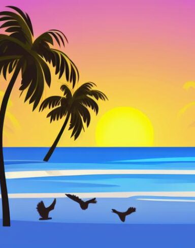Sunset with some palm trees and birds