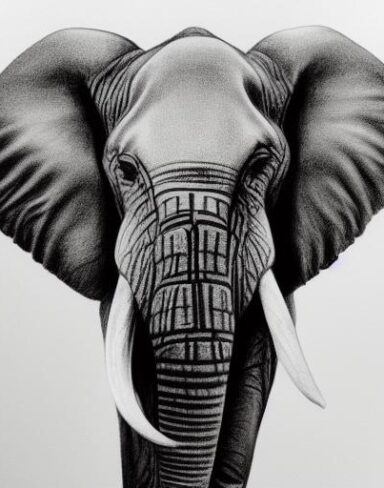 The black and white drawing of the elephant