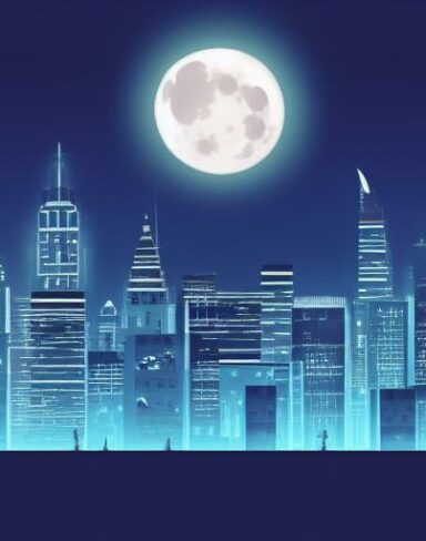 The city at night with a moon in sky