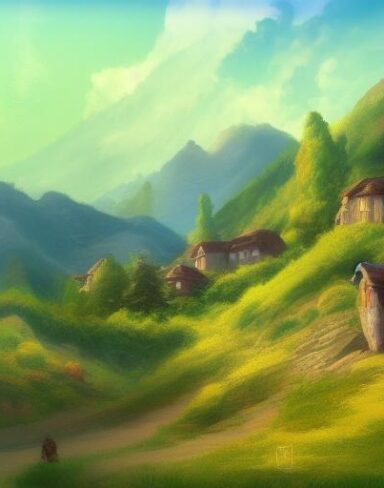 The digital art of a small village in the mountains