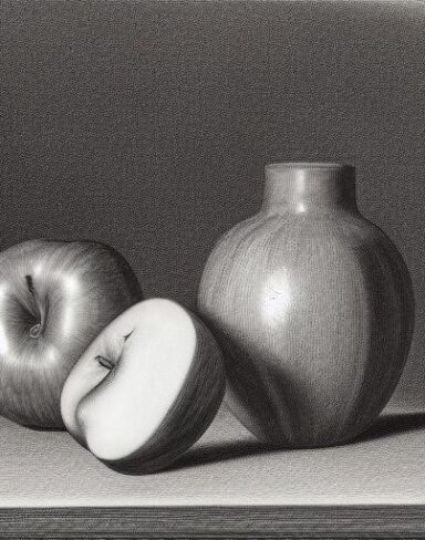 The drawing of a vase and apples on a table