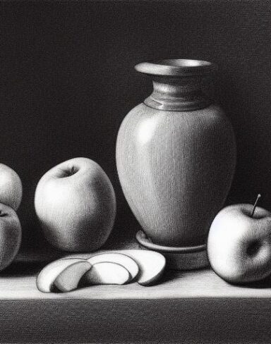 The drawing of a vase and apples on the table