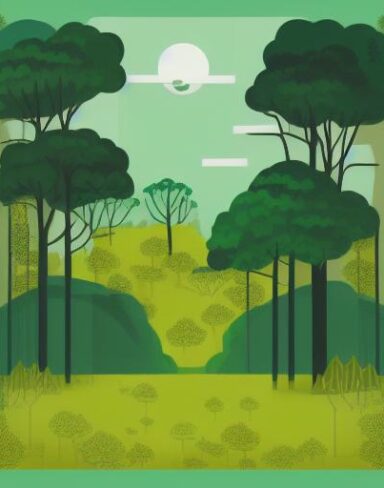 The green and black landscape with some trees and houses