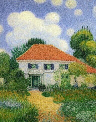 The impressionism painting of the house in a garden