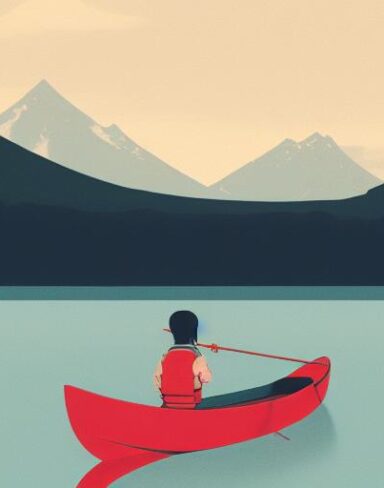 The man in a boat on a lake with mountains