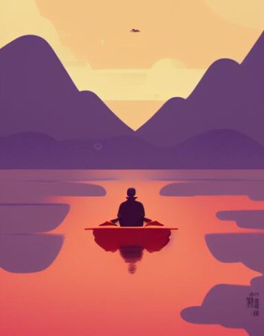 The man in the boat on a lake with mountains