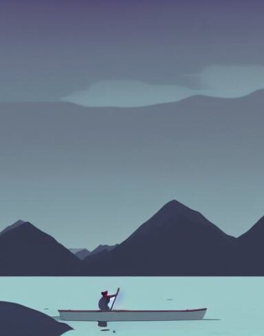 The man on the boat on a lake with some mountains