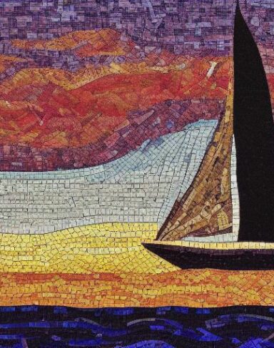 The mosaic of a sailboat in the sea