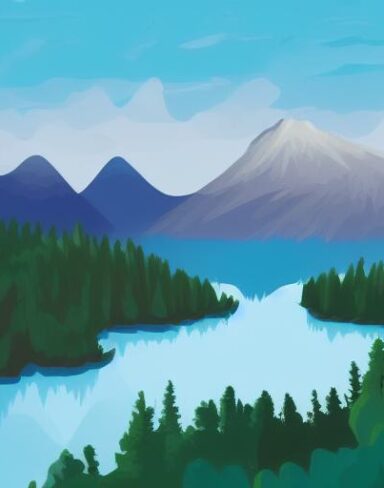 The mountain landscape with pine trees and the lake