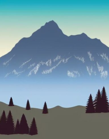 The mountain scene with several trees in the foreground