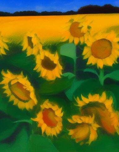 The oil painting of sunflowers in the field