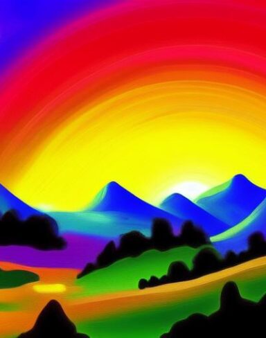 The painting of a landscape with mountains and trees