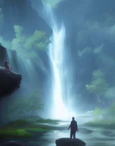 The painting of a man standing near a waterfall