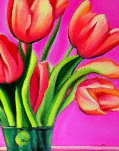 The painting of pink tulips in a vase