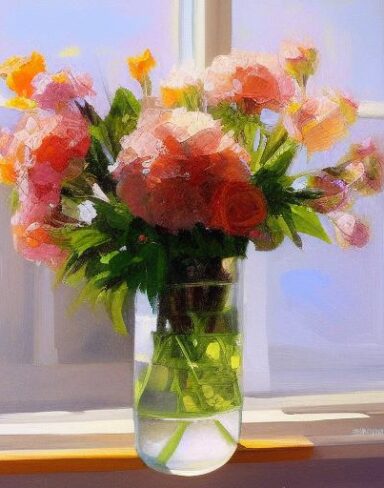 The painting of some flowers in a vase on a window sill