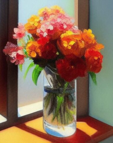 The painting of some flowers in a vase on a window sill