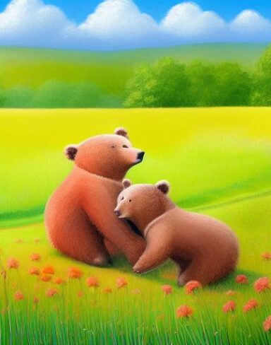 The painting of two bears in a field of plenty of flowers