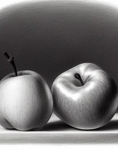 The pencil drawing of a vase and apples on a table