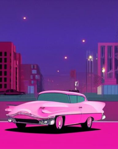 The pink car driving on a street at night