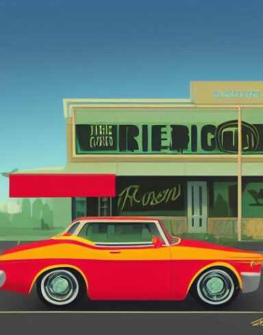 The retro car is parked in front of restaurant