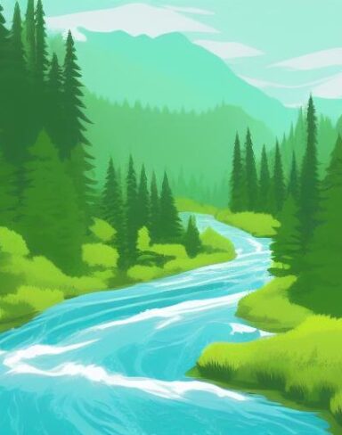 The river running through the lush green forest