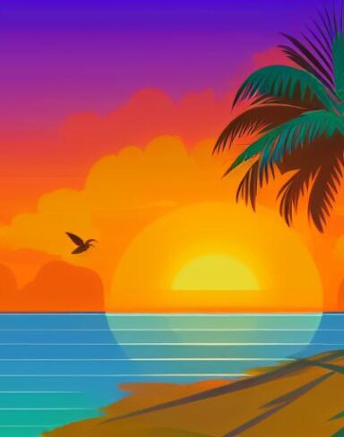 The sunset with palm trees and birds