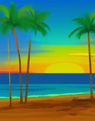 The sunset with palm trees and birds