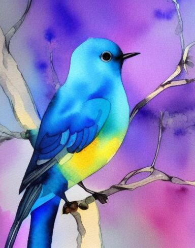 The watercolor painting of a blue bird sitting on branch