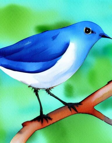Watercolor painting of a blue bird and a branch inspired by Paul Bird