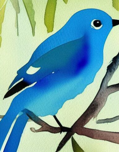 Watercolor painting of a blue bird and a branch inspired by Paul Bird
