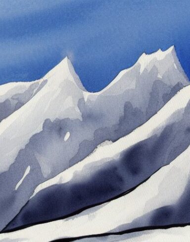Watercolor painting of snowy mountain inspired by Charles E. Burchfield
