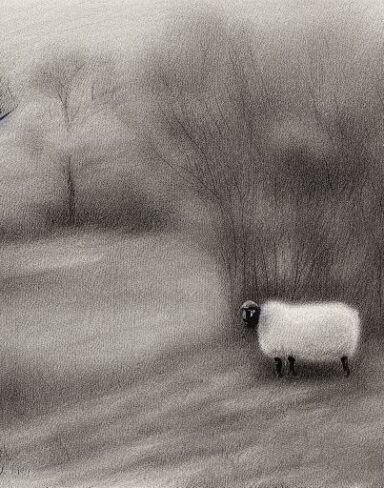 A black and white drawing of sheep and trees in rural
