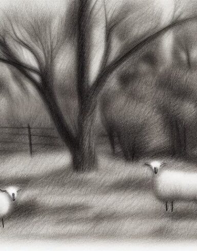 A black and white drawing of sheep and trees in rural area