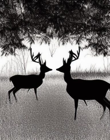 A black and white silhouette of two deer in the wild
