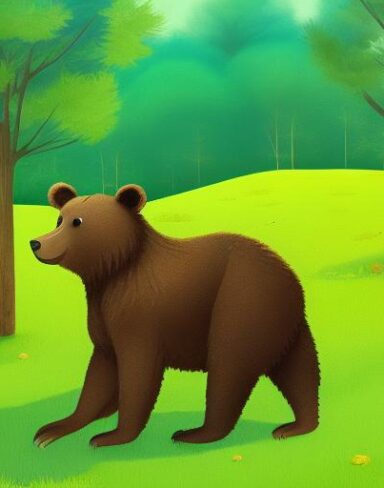 A brown bear in the lush green field