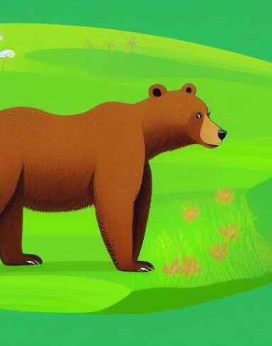 A brown bear sitting on the lush green field