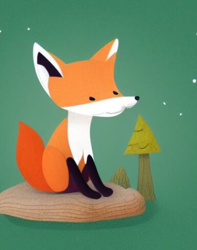 A cartoon fox sitting on top of mushroom