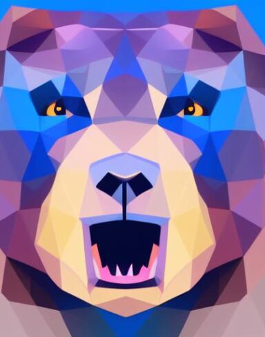 A close up of a bear face on a blue background