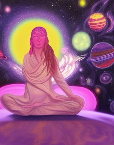 A close-up painting of a woman sitting on a psychedelic rock in space