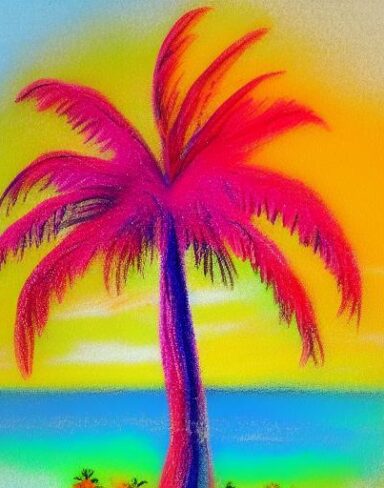 A color painting of the palm tree on a beach